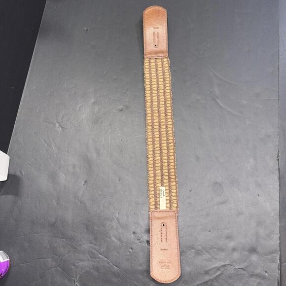 Vintage Fossil Wide Stretch Cinch Waist Belt Leather Woven Gold Buckle Boho - Picture 9 of 12